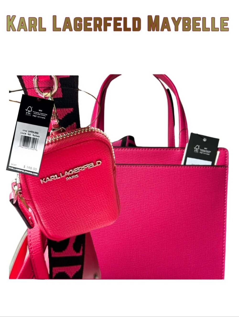 Karl Lagerfeld Paris Crossbody Handbag Fuchsia Pink White NWT msrp $198 New - Picture 4 of 8